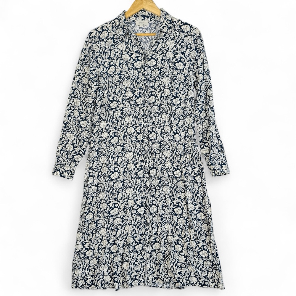 LOFT Outlet‎ Womens Navy Blue White Floral Damask Rayon Button Front Shirt Dress